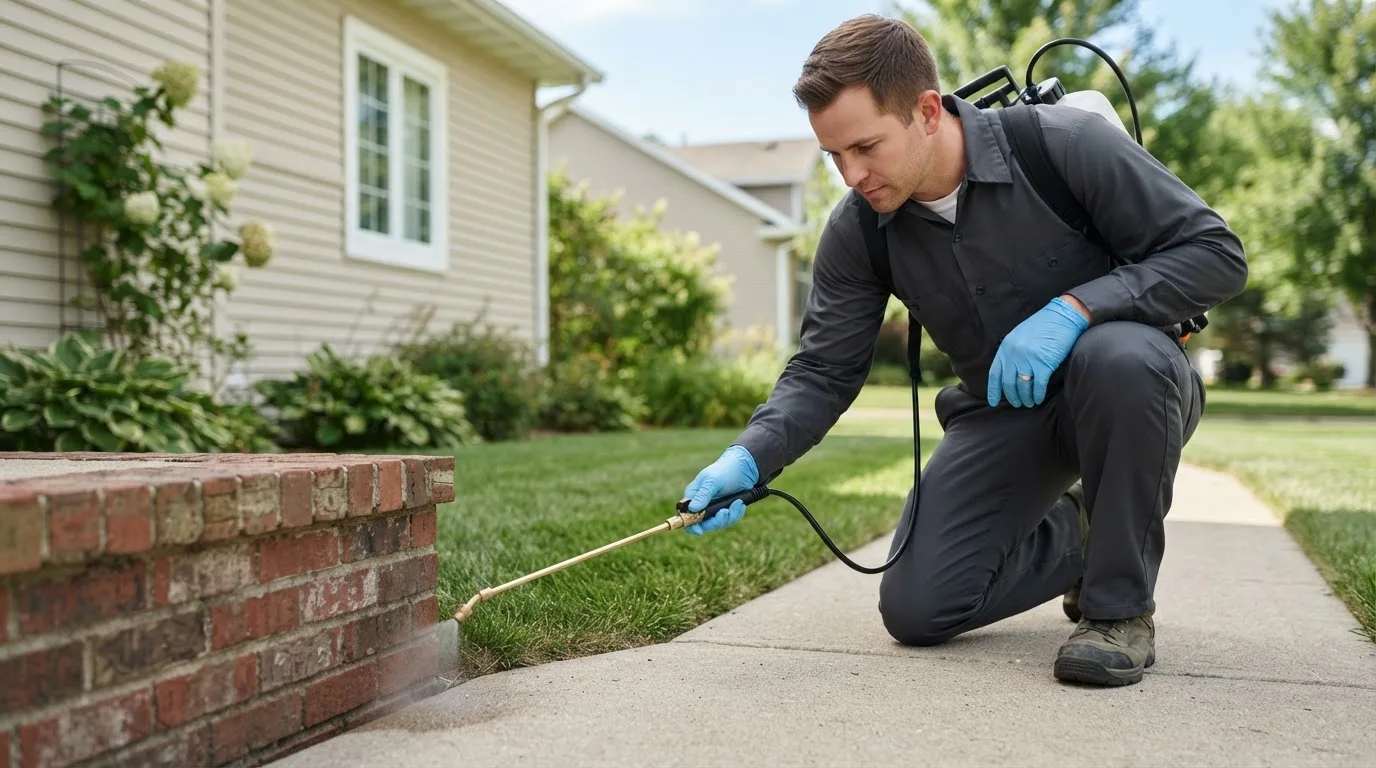Pest control technician treating a home near Warrenville, IL